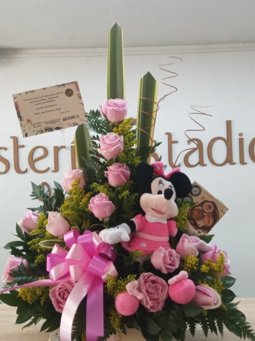 Arreglo rosas rosadas peluche y chocolates